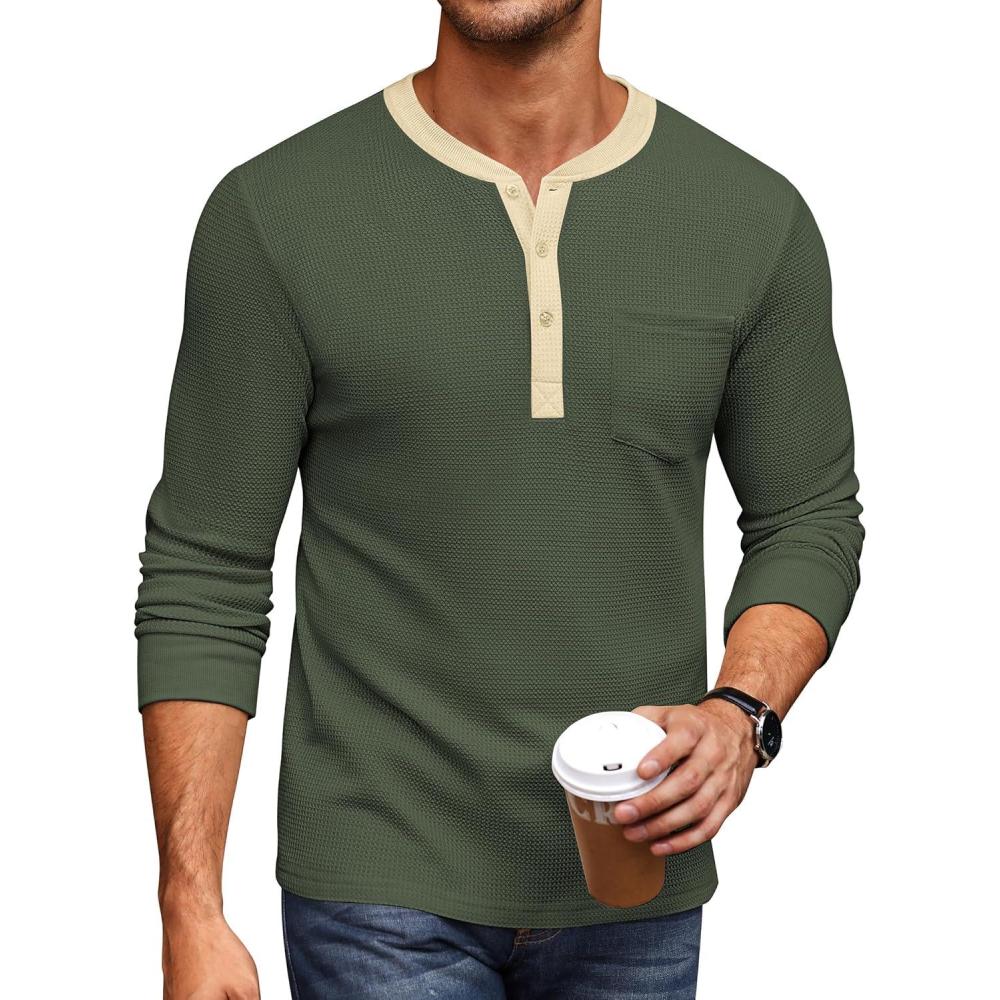 imageCOOFANDY Mens Henley Shirts Long Sleeve Basic Waffle Pique Pullover TShirt with PocketPat Army  Light Khaki