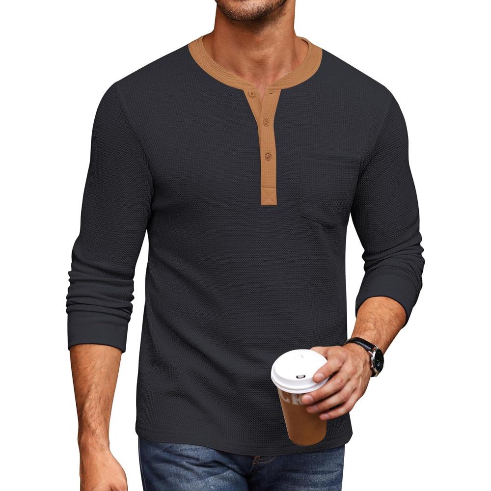 imageCOOFANDY Mens Henley Shirts Long Sleeve Basic Waffle Pique Pullover TShirt with PocketPat Navy  Light Brown
