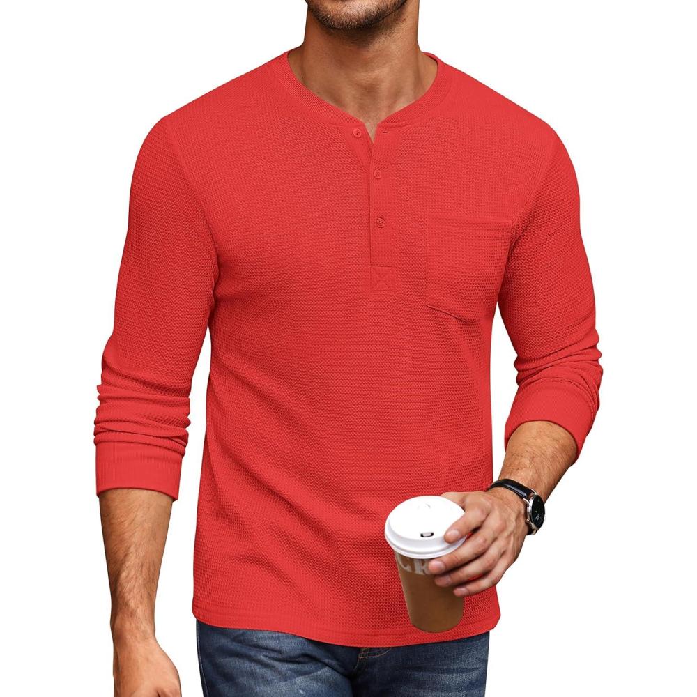 imageCOOFANDY Mens Henley Shirts Long Sleeve Basic Waffle Pique Pullover TShirt with PocketRed