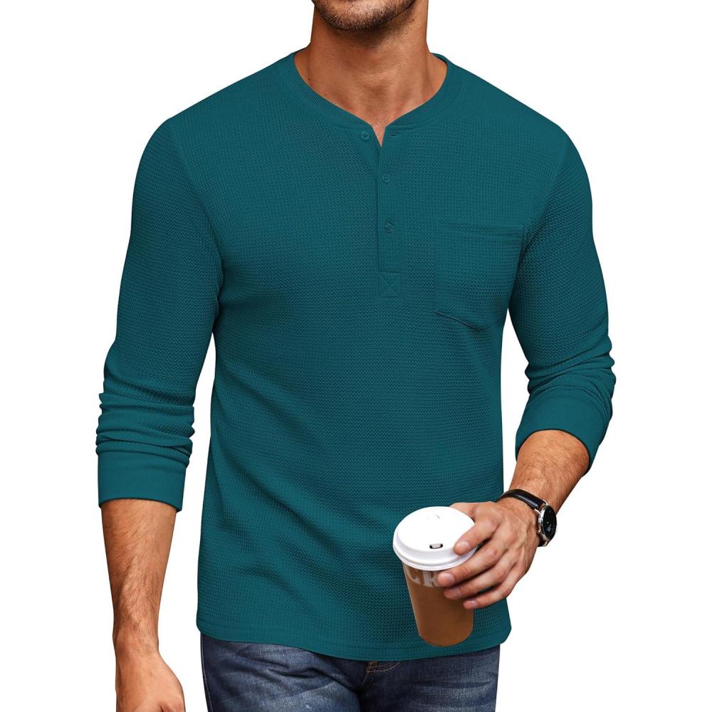 imageCOOFANDY Mens Henley Shirts Long Sleeve Basic Waffle Pique Pullover TShirt with PocketTeal Blue