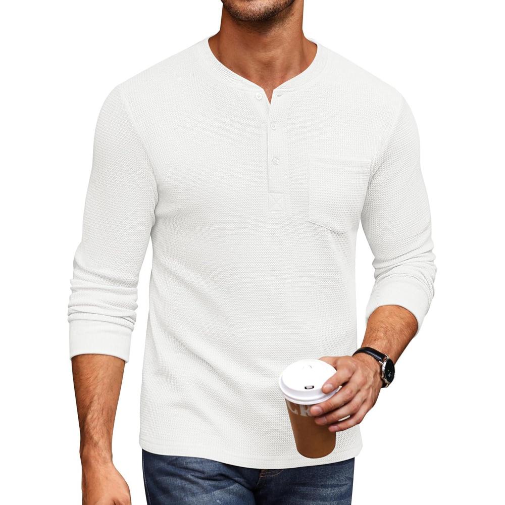 imageCOOFANDY Mens Henley Shirts Long Sleeve Basic Waffle Pique Pullover TShirt with PocketWhite