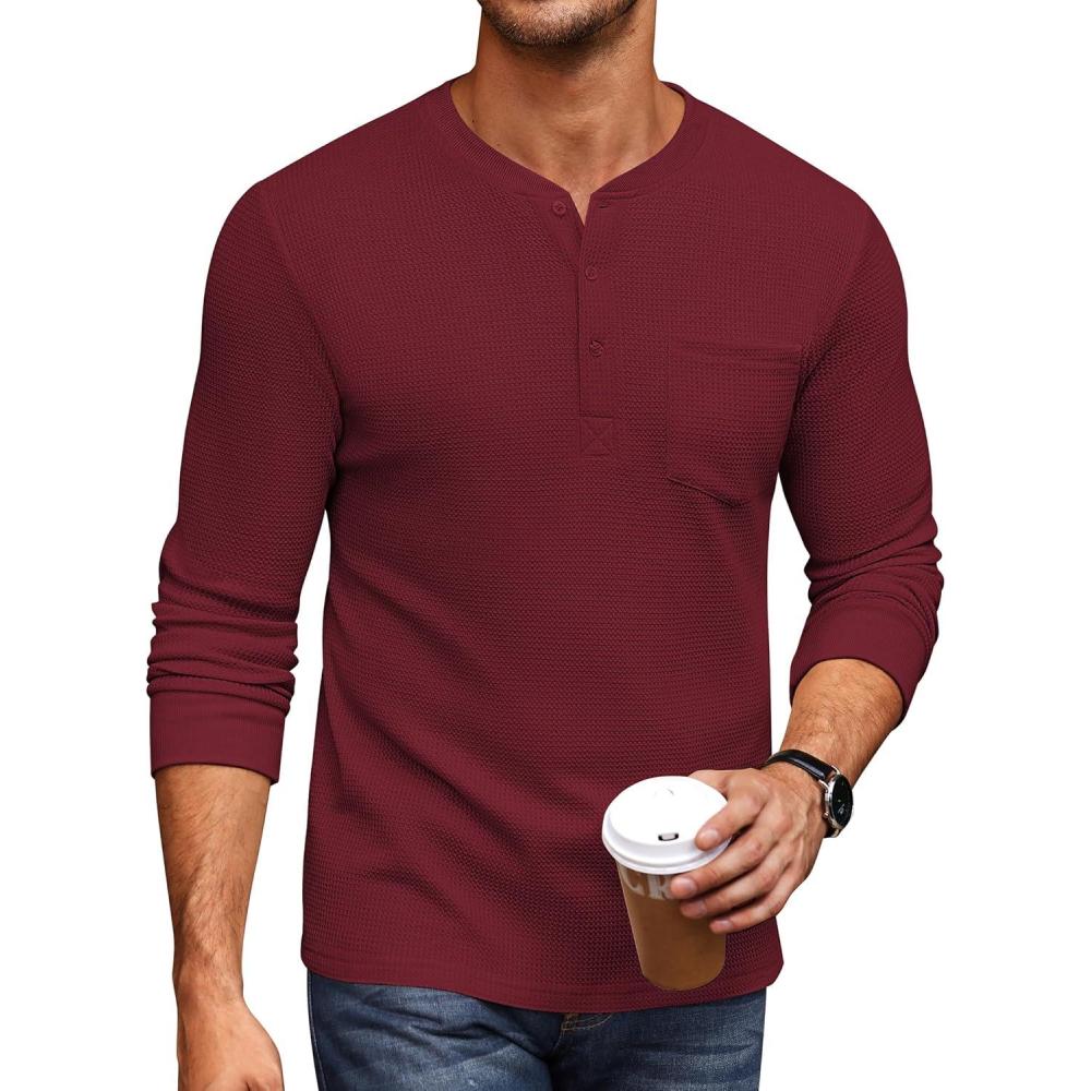 imageCOOFANDY Mens Henley Shirts Long Sleeve Basic Waffle Pique Pullover TShirt with PocketWine Red