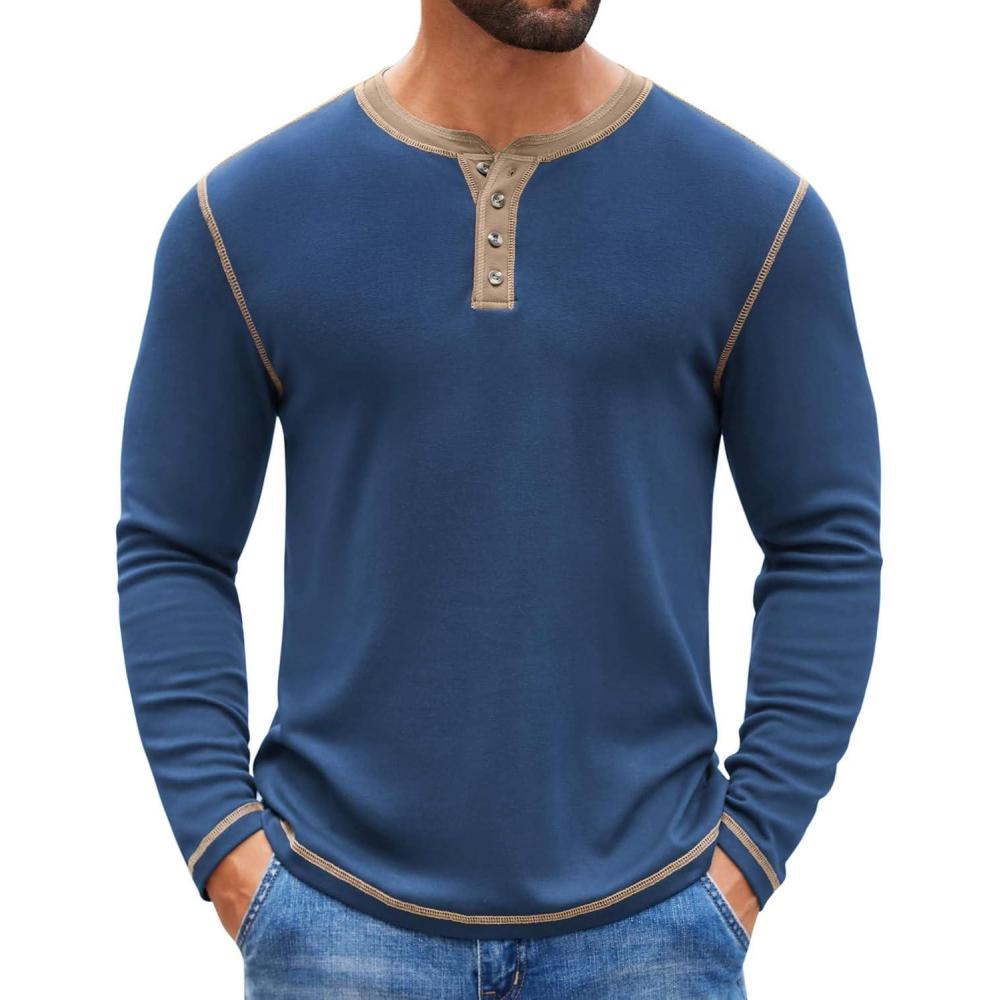 imageCOOFANDY Mens Henley Shirts Long Sleeve Button TShirt Fashion Casual Pullover Shirts Soft Stretch Tees TopsBlue