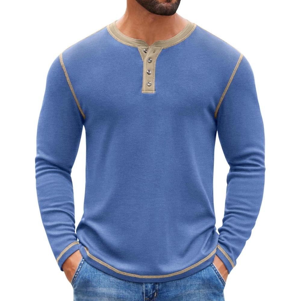imageCOOFANDY Mens Henley Shirts Long Sleeve Button TShirt Fashion Casual Pullover Shirts Soft Stretch Tees TopsLight Blue