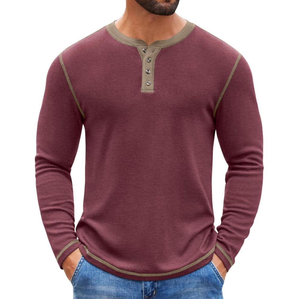 imageCOOFANDY Mens Henley Shirts Long Sleeve Button TShirt Fashion Casual Pullover Shirts Soft Stretch Tees TopsRrick Red