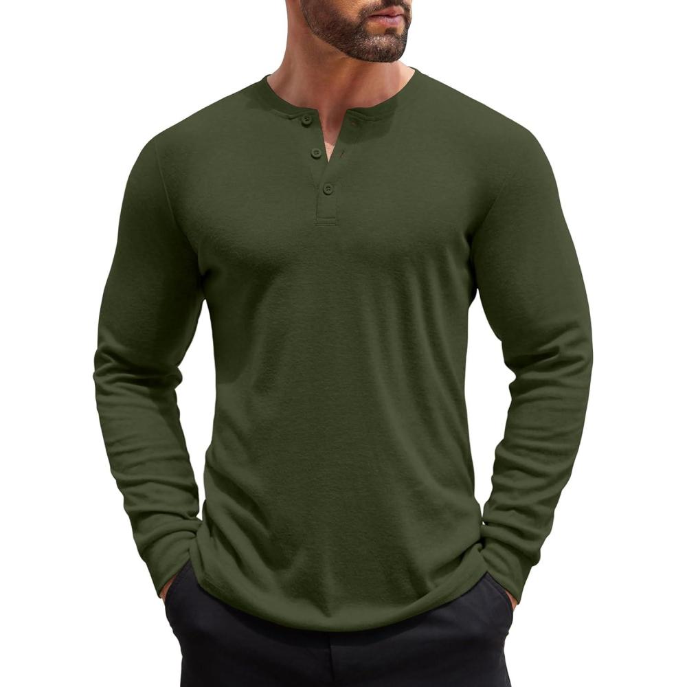 imageCOOFANDY Mens Henley Shirts Long Sleeve Button TShirt Lightweight Fashion Casual Pullover ShirtArmy Green