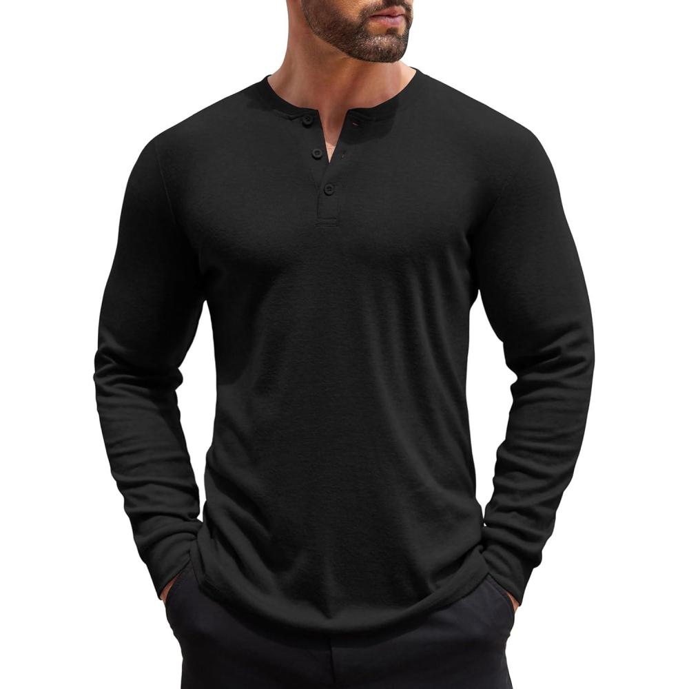 imageCOOFANDY Mens Henley Shirts Long Sleeve Button TShirt Lightweight Fashion Casual Pullover ShirtBlack