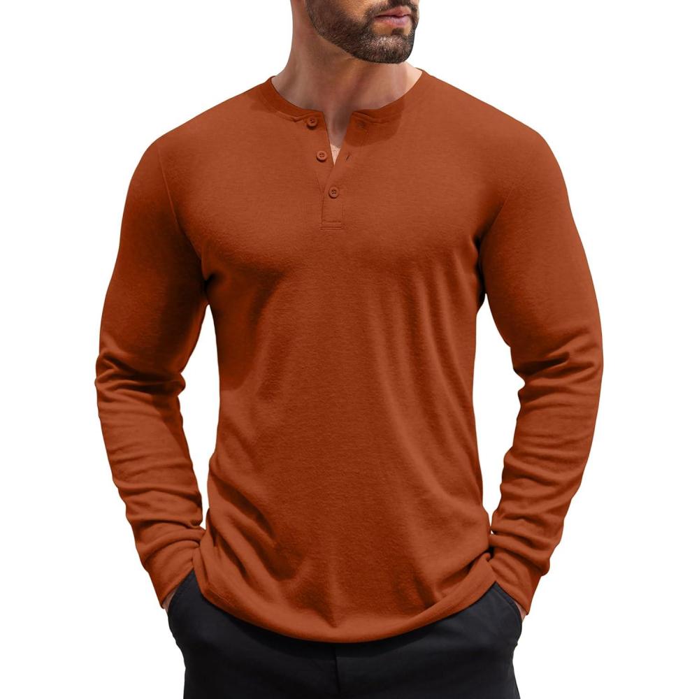 imageCOOFANDY Mens Henley Shirts Long Sleeve Button TShirt Lightweight Fashion Casual Pullover ShirtCaramel