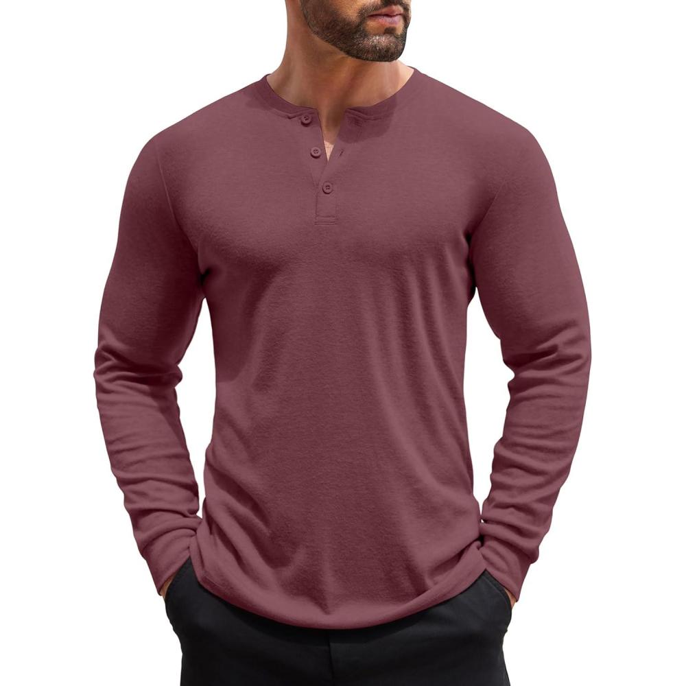 imageCOOFANDY Mens Henley Shirts Long Sleeve Button TShirt Lightweight Fashion Casual Pullover ShirtHeather Burgundy