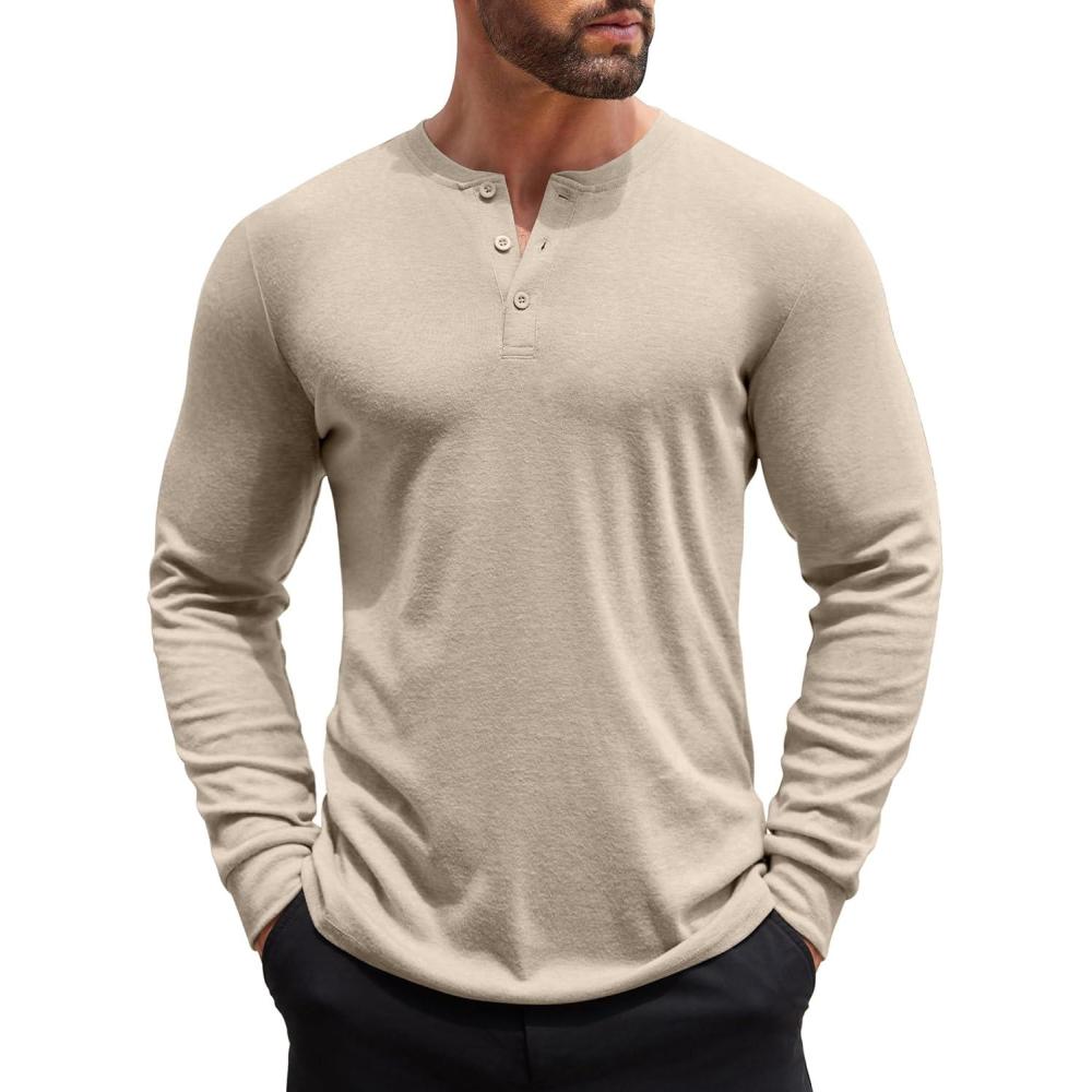 imageCOOFANDY Mens Henley Shirts Long Sleeve Button TShirt Lightweight Fashion Casual Pullover ShirtHeather Khaki