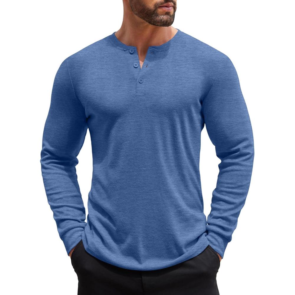 imageCOOFANDY Mens Henley Shirts Long Sleeve Button TShirt Lightweight Fashion Casual Pullover ShirtHeather Lake Blue
