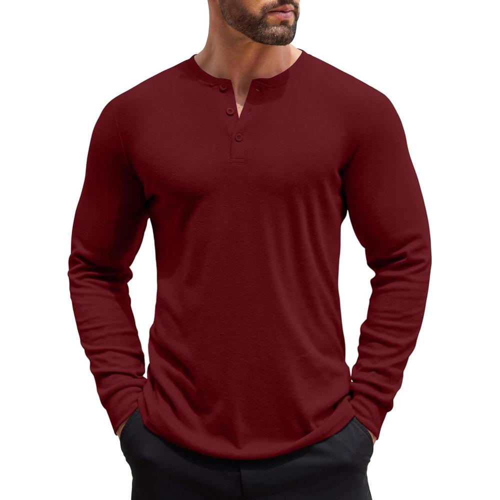 imageCOOFANDY Mens Henley Shirts Long Sleeve Button TShirt Lightweight Fashion Casual Pullover ShirtWine Red