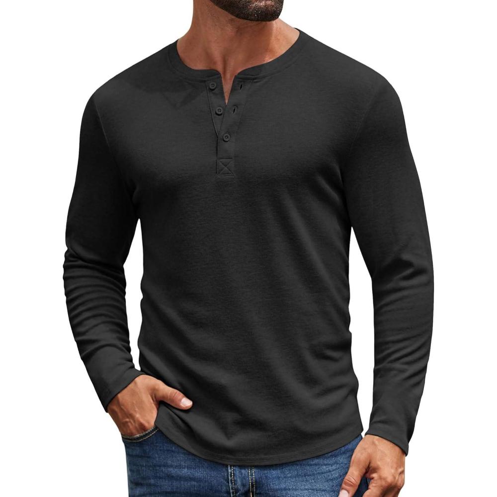 imageCOOFANDY Mens Henley Shirts Long Sleeve Casual Pullover Shirt Fashion Button TShirtBlack