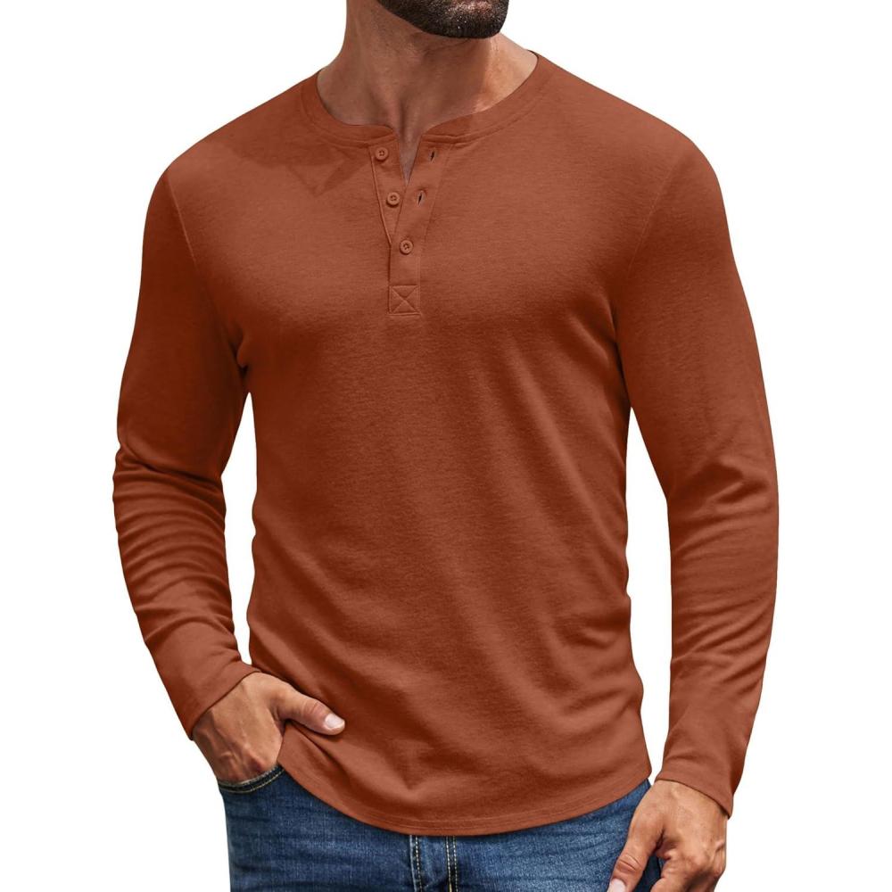 imageCOOFANDY Mens Henley Shirts Long Sleeve Casual Pullover Shirt Fashion Button TShirtCaramel