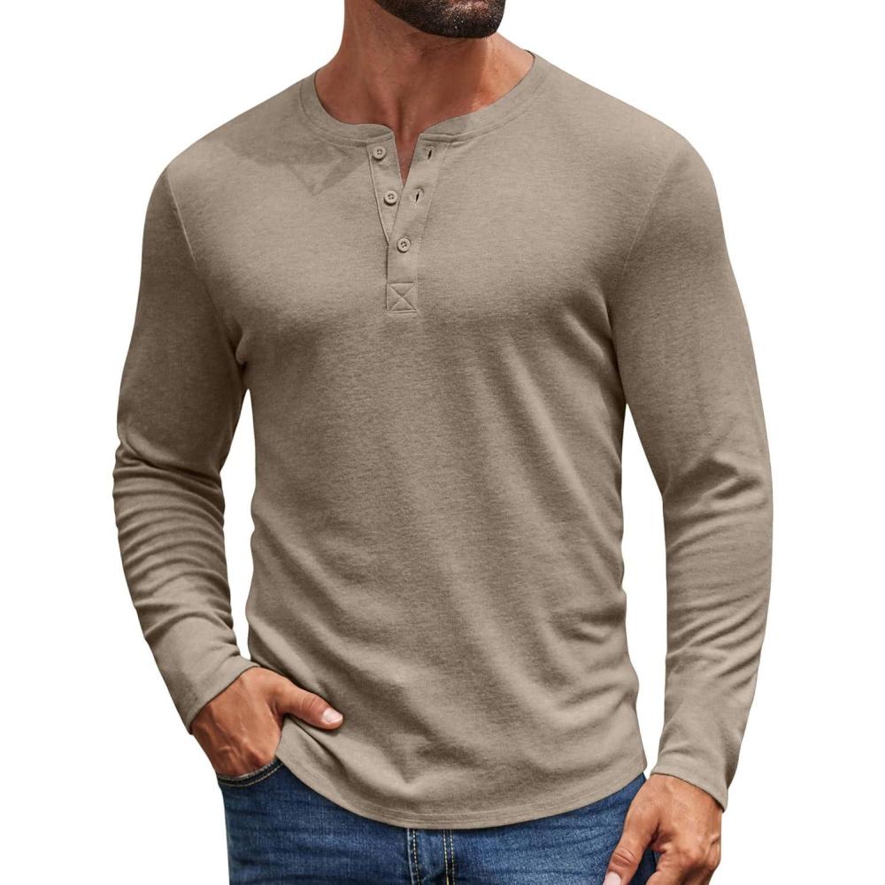 imageCOOFANDY Mens Henley Shirts Long Sleeve Casual Pullover Shirt Fashion Button TShirtDark Khaki