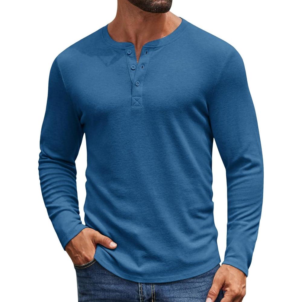 imageCOOFANDY Mens Henley Shirts Long Sleeve Casual Pullover Shirt Fashion Button TShirtDenim