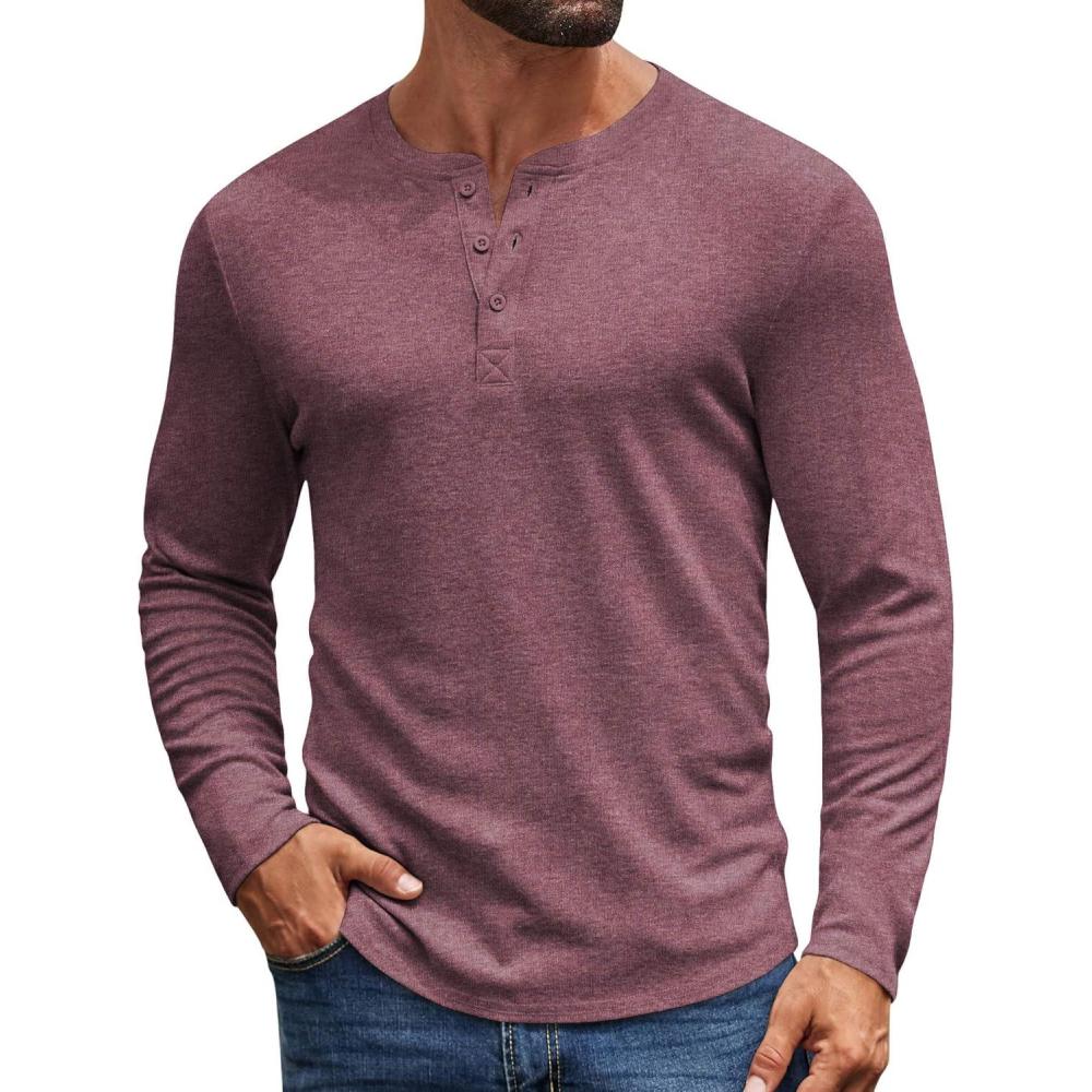 imageCOOFANDY Mens Henley Shirts Long Sleeve Casual Pullover Shirt Fashion Button TShirtHeather Burgundy