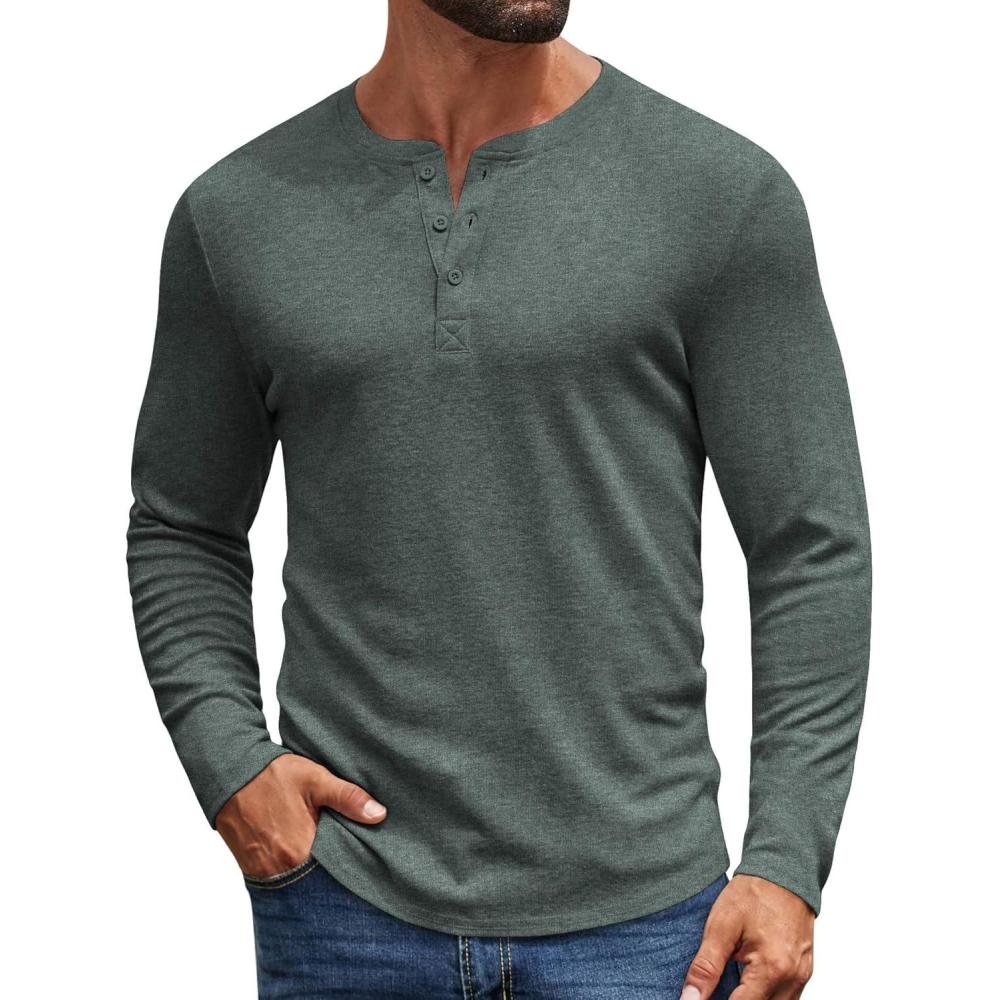 imageCOOFANDY Mens Henley Shirts Long Sleeve Casual Pullover Shirt Fashion Button TShirtHeather Green