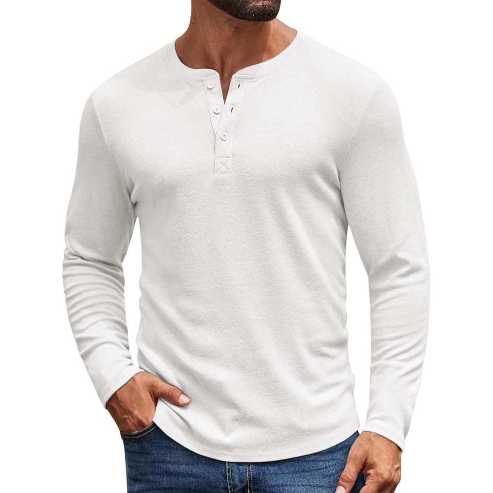 imageCOOFANDY Mens Henley Shirts Long Sleeve Casual Pullover Shirt Fashion Button TShirtWhite