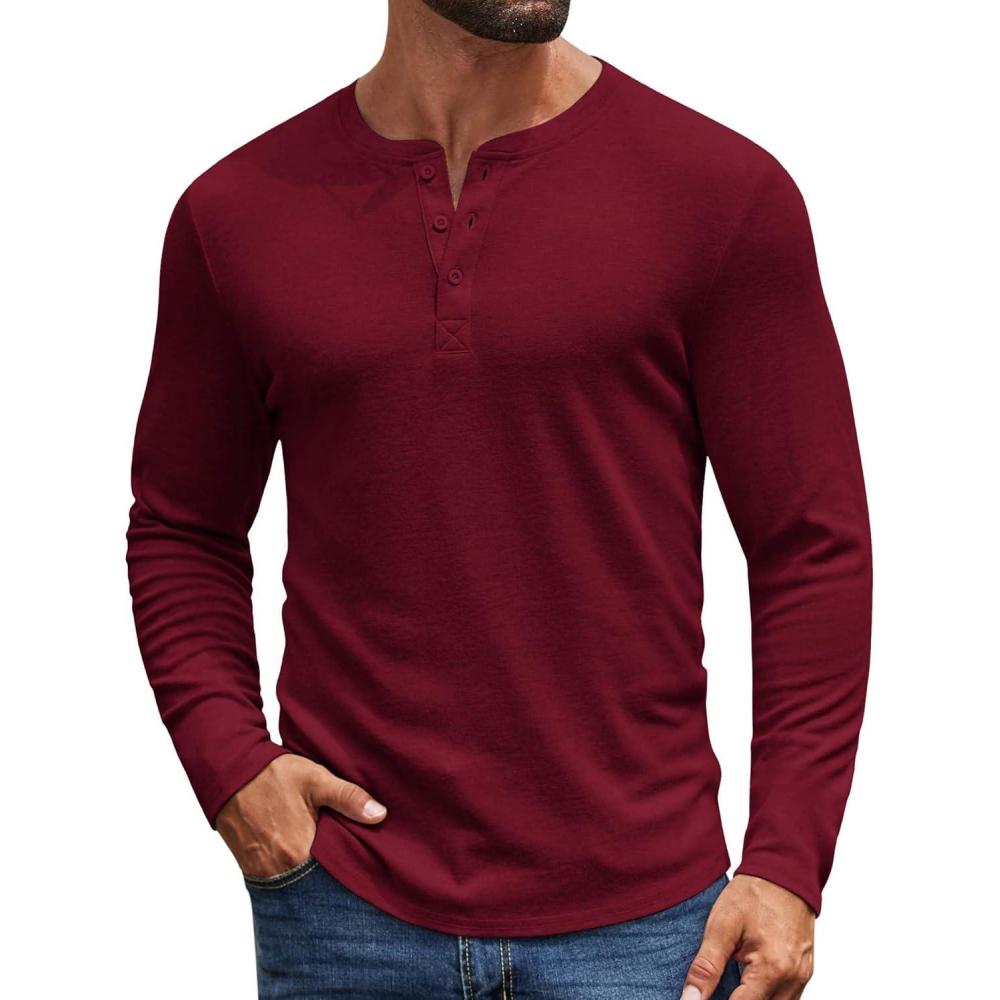 imageCOOFANDY Mens Henley Shirts Long Sleeve Casual Pullover Shirt Fashion Button TShirtWine Red