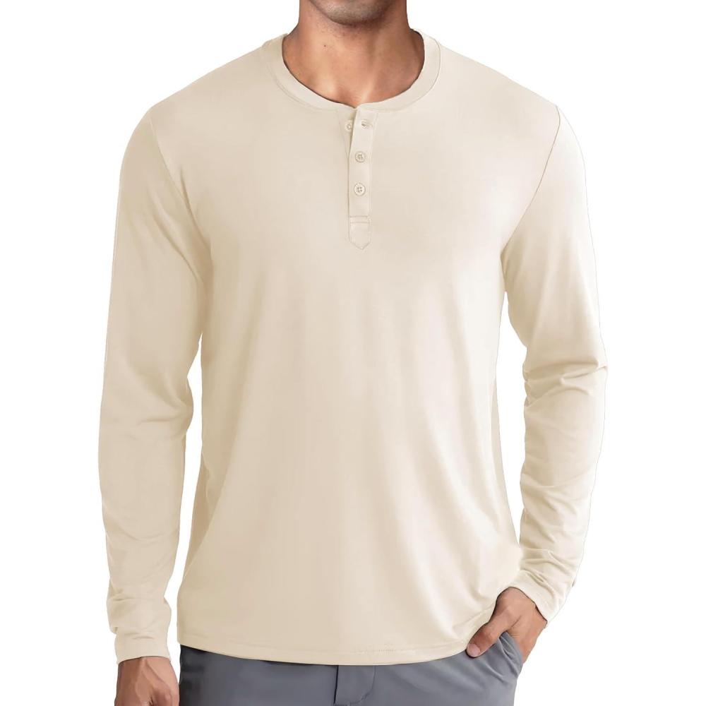 imageCOOFANDY Mens Henley Shirts Long Sleeve Fashion Casual Tee Basic Lightweight TShirtBeige