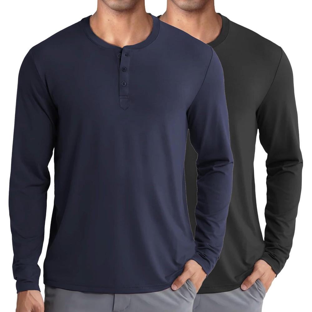 imageCOOFANDY Mens Henley Shirts Long Sleeve Fashion Casual Tee Basic Lightweight TShirtBlackNavy Blue
