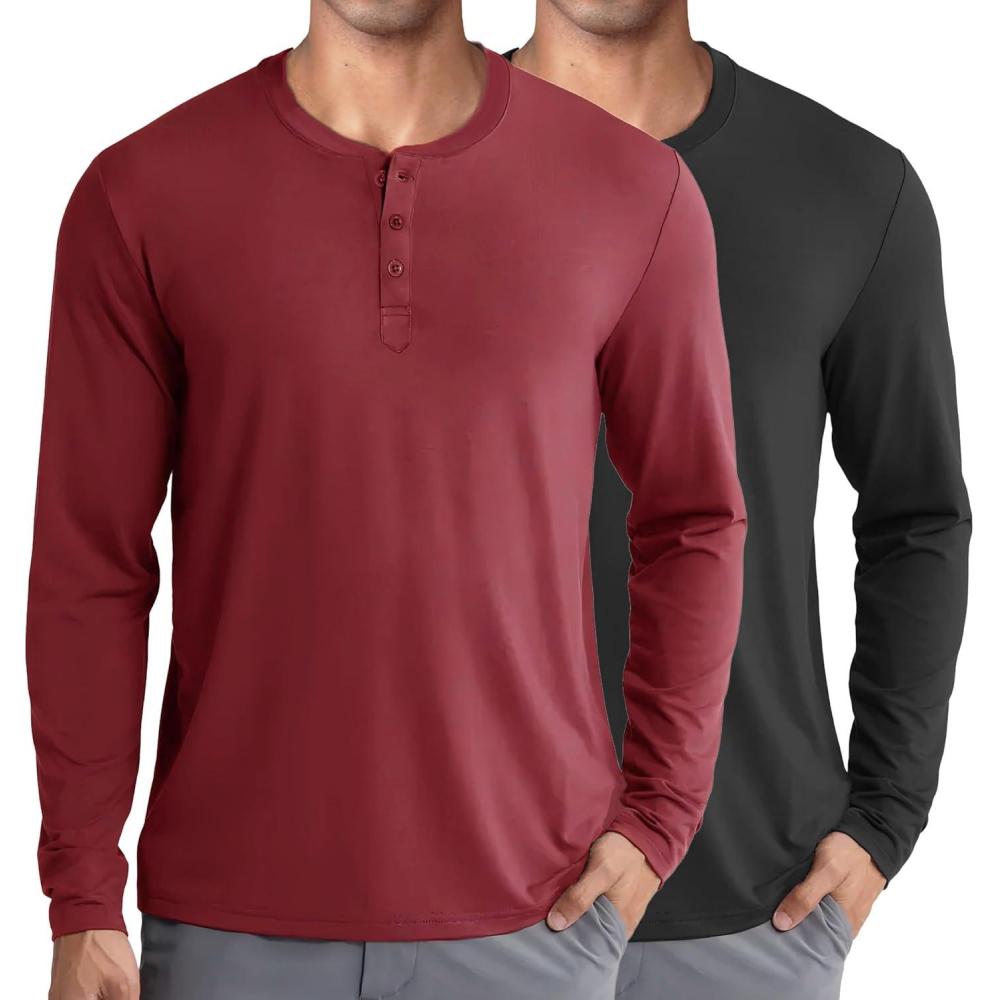 imageCOOFANDY Mens Henley Shirts Long Sleeve Fashion Casual Tee Basic Lightweight TShirtBlackWine Red