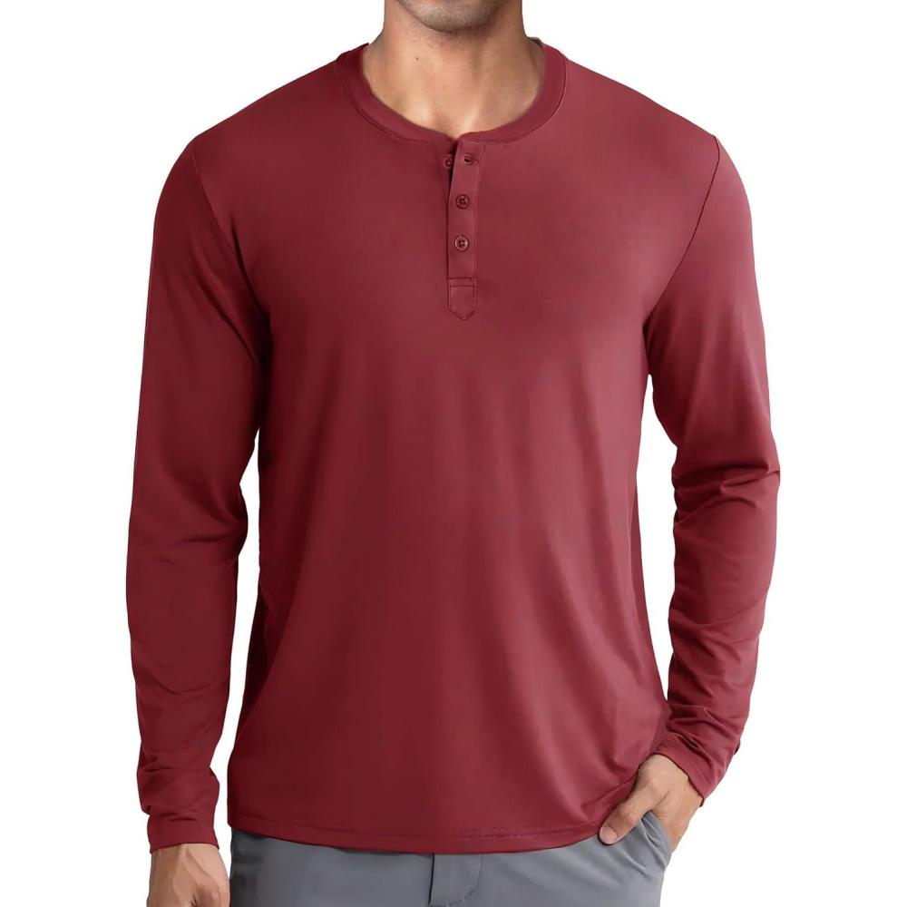 imageCOOFANDY Mens Henley Shirts Long Sleeve Fashion Casual Tee Basic Lightweight TShirtWine Red