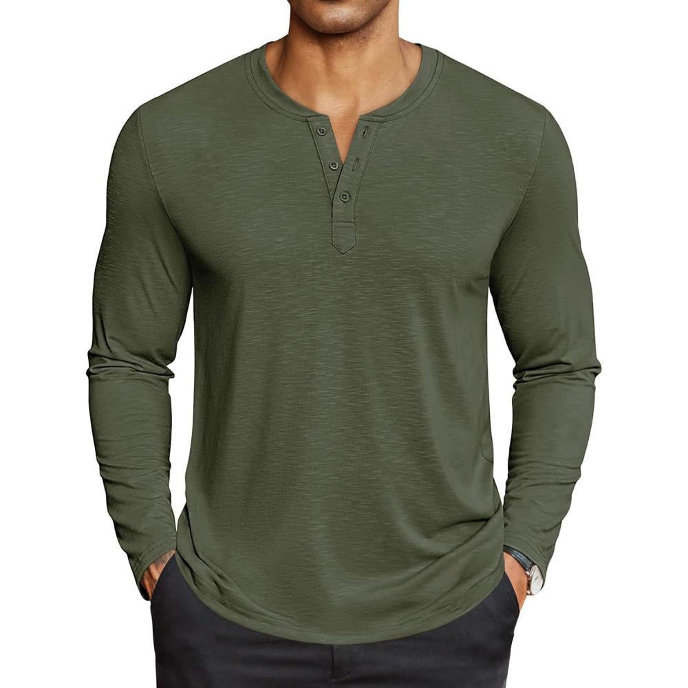 imageCOOFANDY Mens Henley Shirts Long Sleeve Lightweight Button TShirt Casual Basic Tee TopArmy Green