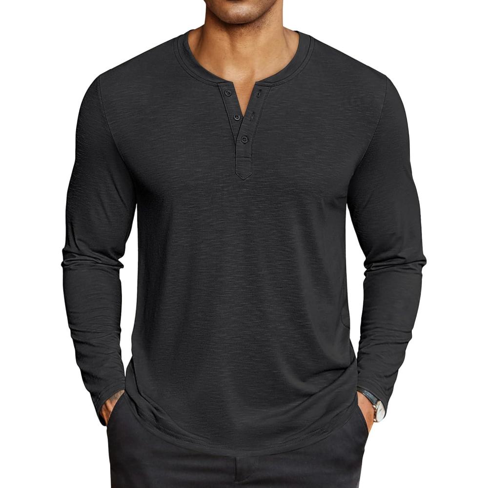 imageCOOFANDY Mens Henley Shirts Long Sleeve Lightweight Button TShirt Casual Basic Tee TopBlack