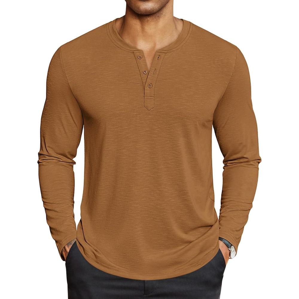 imageCOOFANDY Mens Henley Shirts Long Sleeve Lightweight Button TShirt Casual Basic Tee TopCaramel Brown