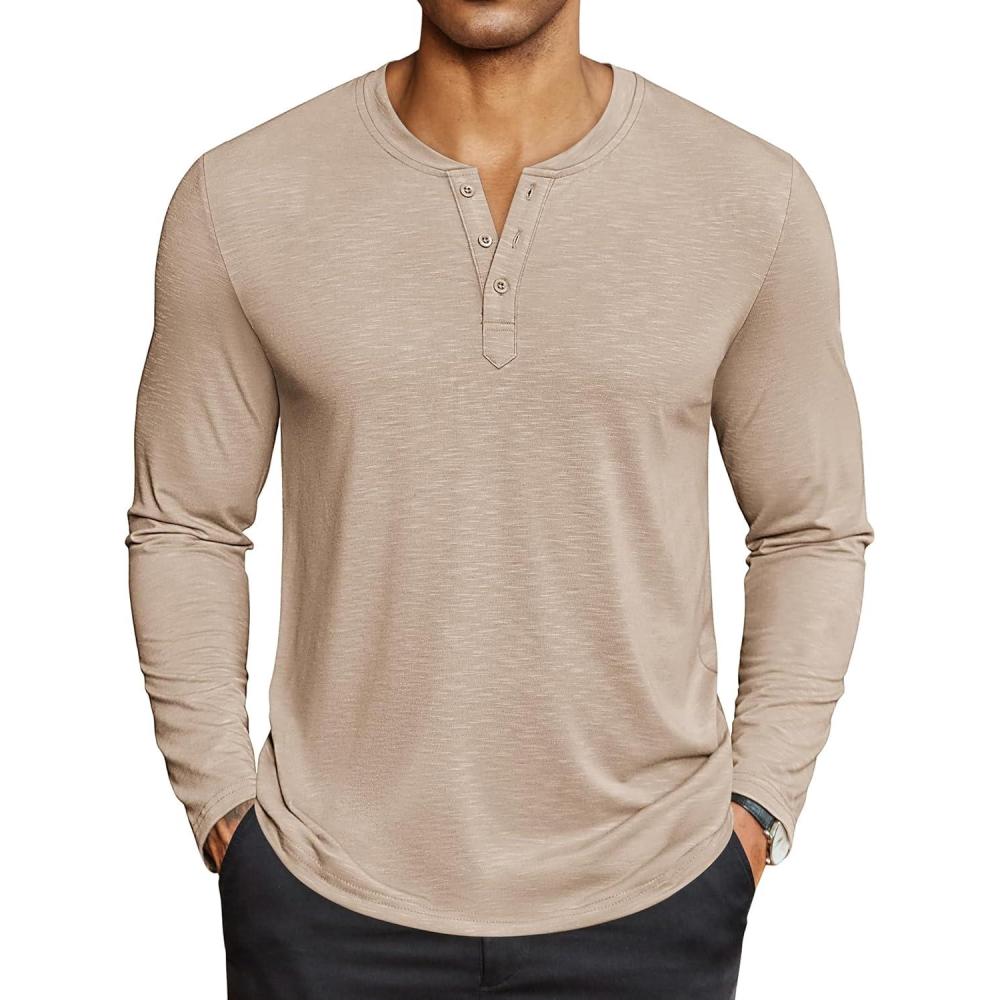 imageCOOFANDY Mens Henley Shirts Long Sleeve Lightweight Button TShirt Casual Basic Tee TopKhaki