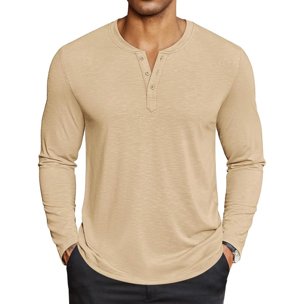 imageCOOFANDY Mens Henley Shirts Long Sleeve Lightweight Button TShirt Casual Basic Tee TopLight Khaki