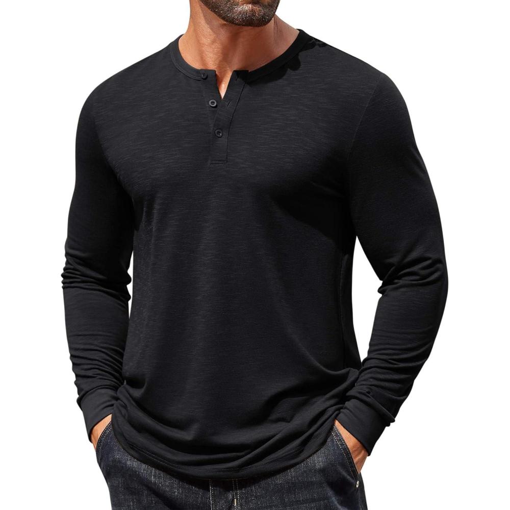 imageCOOFANDY Mens Henley Shirts Long Sleeve T Shirts Casual Lightweight Fashion Button Pullover Tee ShirtBlack
