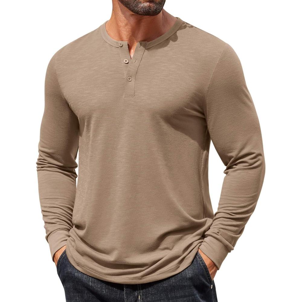 imageCOOFANDY Mens Henley Shirts Long Sleeve T Shirts Casual Lightweight Fashion Button Pullover Tee ShirtKhaki