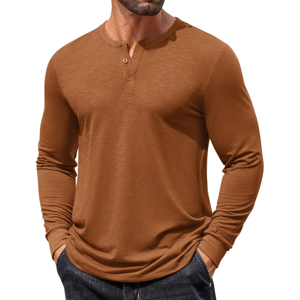 imageCOOFANDY Mens Henley Shirts Long Sleeve T Shirts Casual Lightweight Fashion Button Pullover Tee ShirtLight Brown