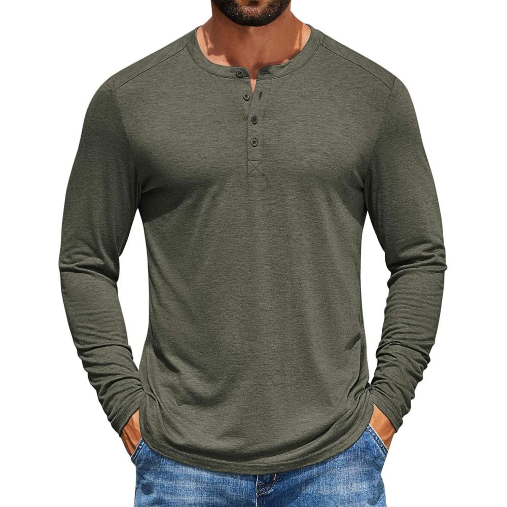 imageCOOFANDY Mens Henley Shirts Long Sleeve TShirt Lightweight Fashion Casual Pullover Tee ShirtArmy Green