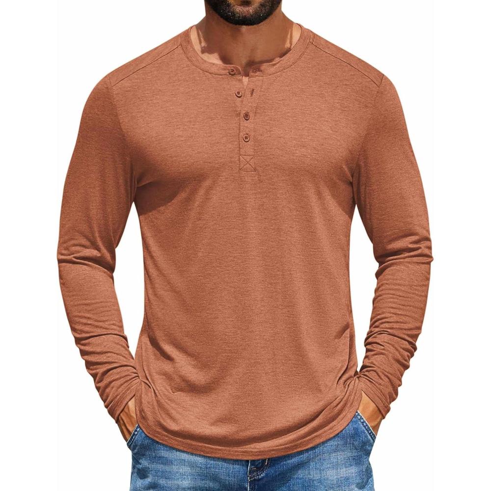 imageCOOFANDY Mens Henley Shirts Long Sleeve TShirt Lightweight Fashion Casual Pullover Tee ShirtCaramel
