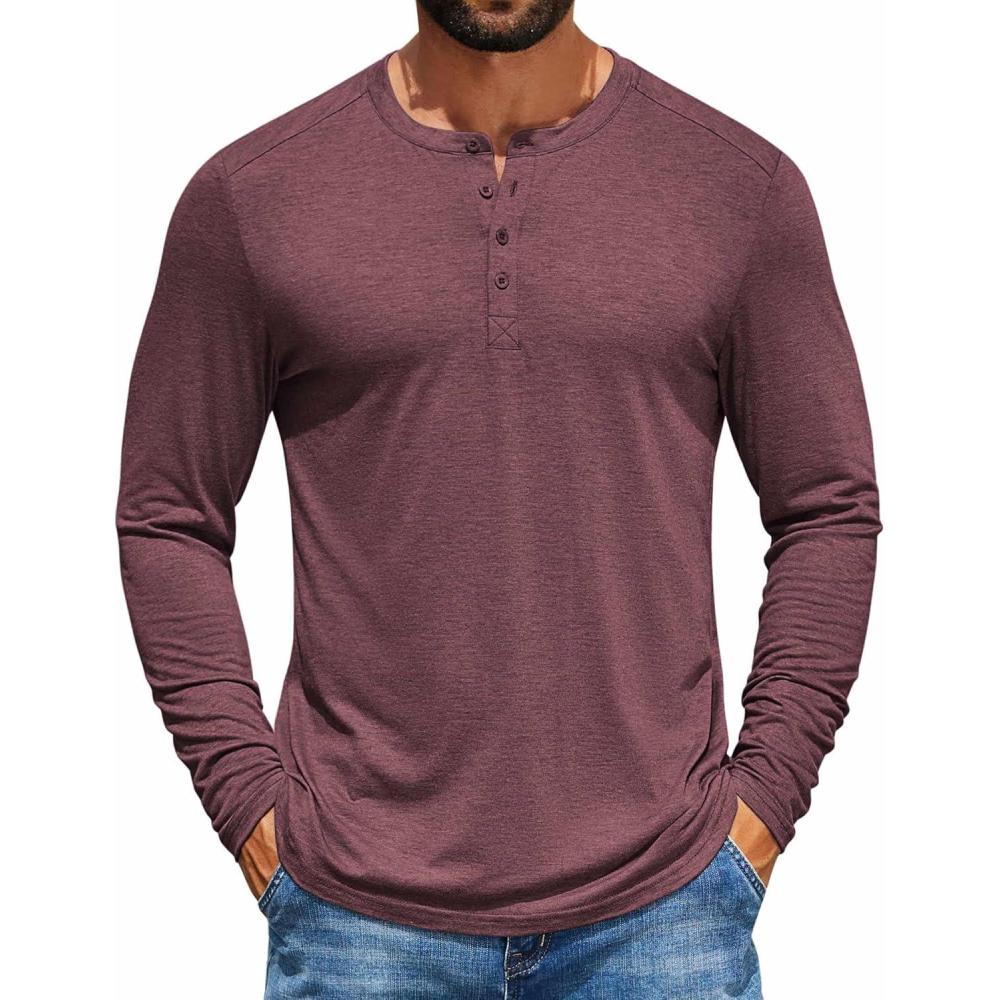 imageCOOFANDY Mens Henley Shirts Long Sleeve TShirt Lightweight Fashion Casual Pullover Tee ShirtDark Red