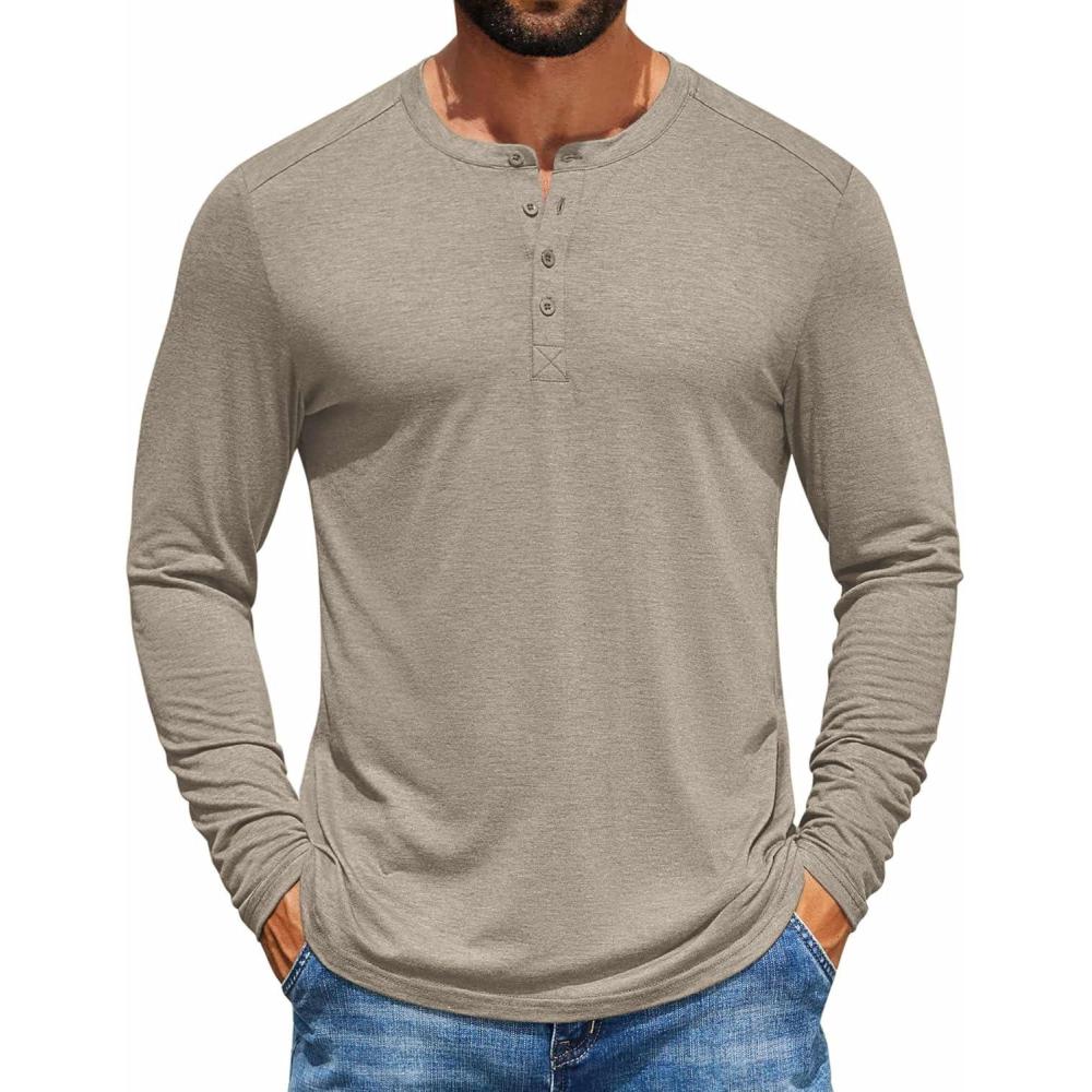 imageCOOFANDY Mens Henley Shirts Long Sleeve TShirt Lightweight Fashion Casual Pullover Tee ShirtDeep Khaki