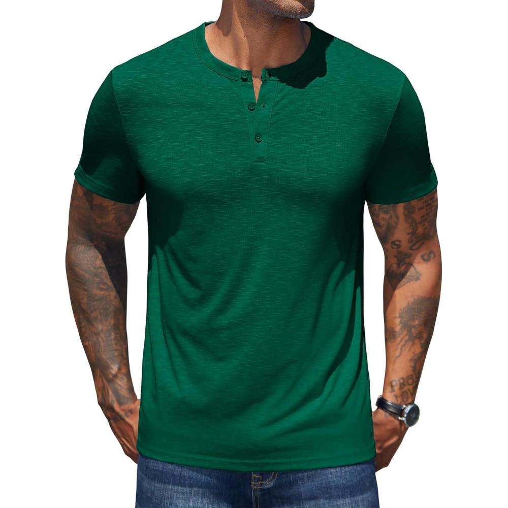 imageCOOFANDY Mens Henley Shirts Short Sleeve Casual Basic Henley Tee Summer Button Lightweight Stretch T ShirtsDark Green