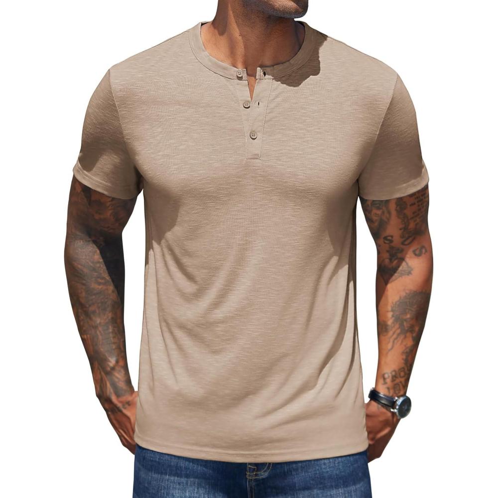 imageCOOFANDY Mens Henley Shirts Short Sleeve Casual Basic Henley Tee Summer Button Lightweight Stretch T ShirtsKhaki