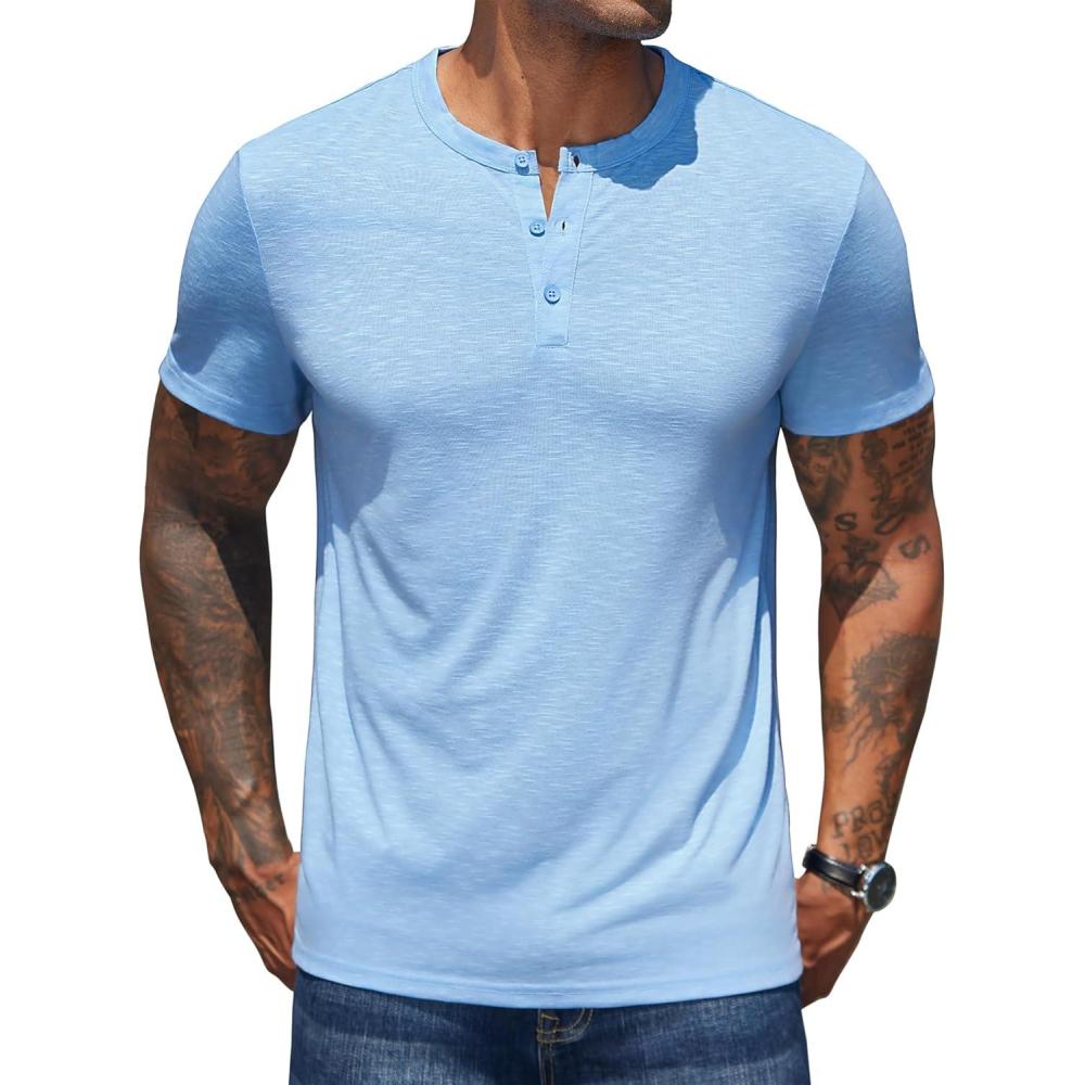 imageCOOFANDY Mens Henley Shirts Short Sleeve Casual Basic Henley Tee Summer Button Lightweight Stretch T ShirtsLight Blue