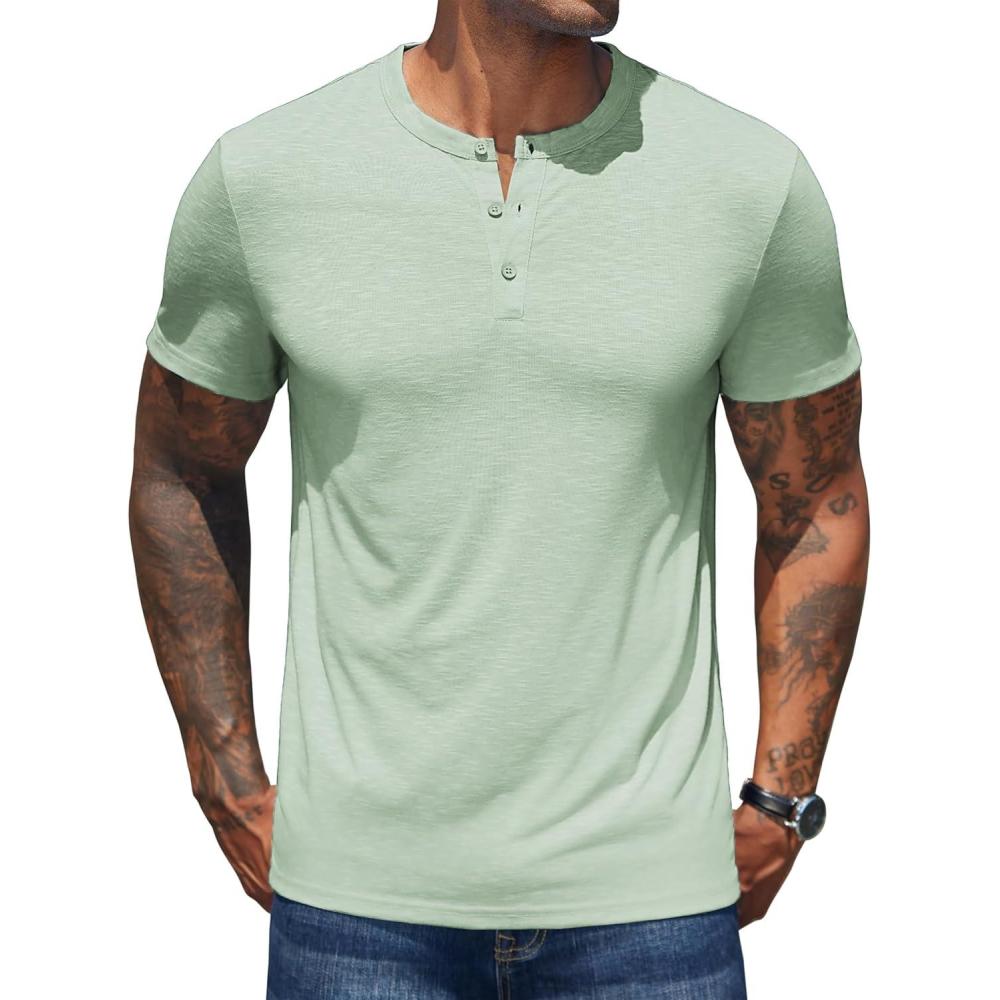 imageCOOFANDY Mens Henley Shirts Short Sleeve Casual Basic Henley Tee Summer Button Lightweight Stretch T ShirtsLight Green