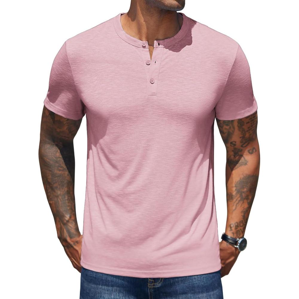 imageCOOFANDY Mens Henley Shirts Short Sleeve Casual Basic Henley Tee Summer Button Lightweight Stretch T ShirtsPink