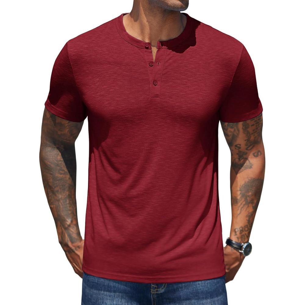 imageCOOFANDY Mens Henley Shirts Short Sleeve Casual Basic Henley Tee Summer Button Lightweight Stretch T ShirtsWine Red