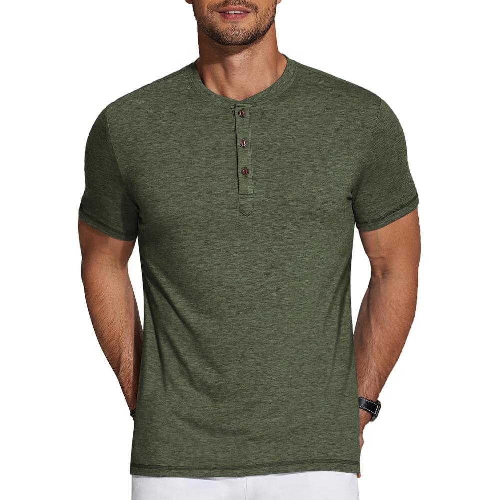 imageCOOFANDY Mens Henley Shirts Short Sleeve Casual Basic Tee Summer Button Henley Soild T ShirtsArmy Green