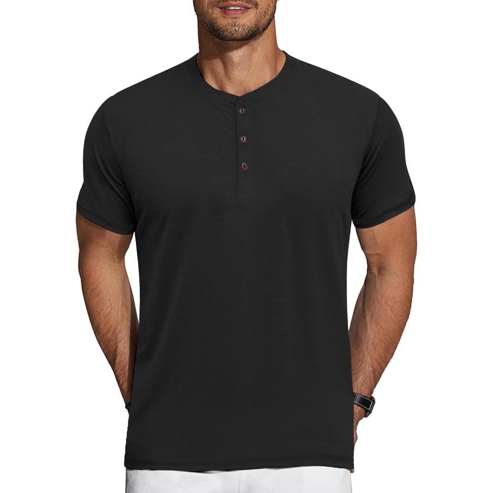 imageCOOFANDY Mens Henley Shirts Short Sleeve Casual Basic Tee Summer Button Henley Soild T ShirtsBlack