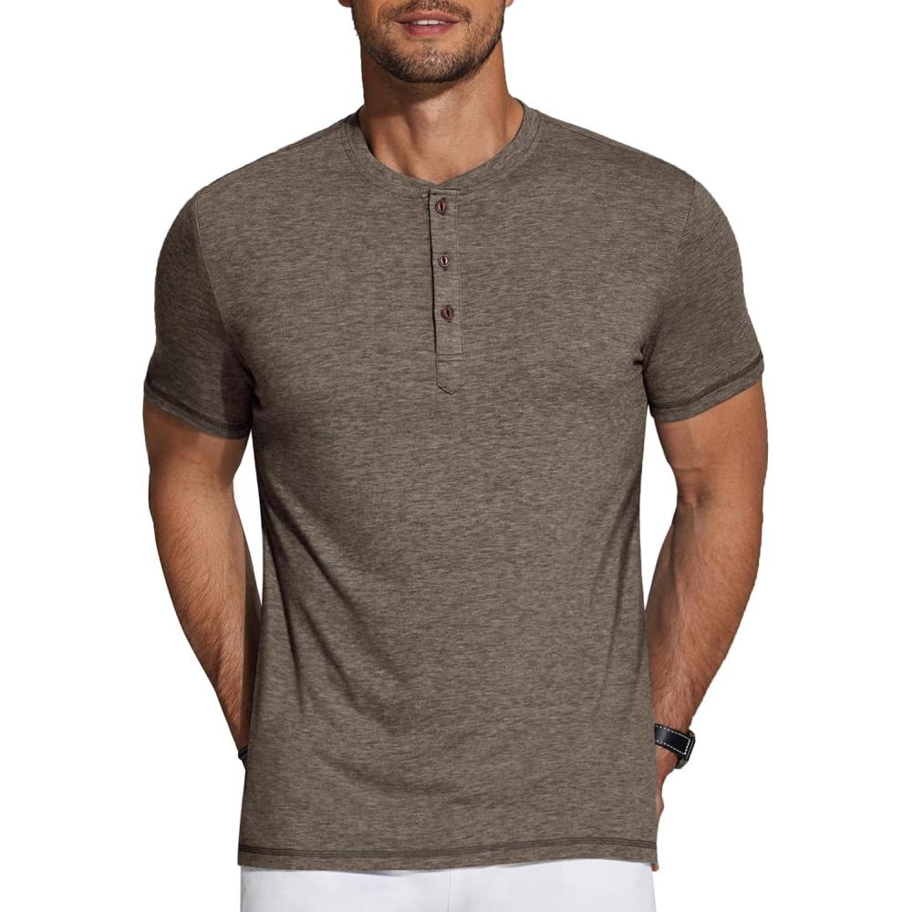 imageCOOFANDY Mens Henley Shirts Short Sleeve Casual Basic Tee Summer Button Henley Soild T ShirtsBrown