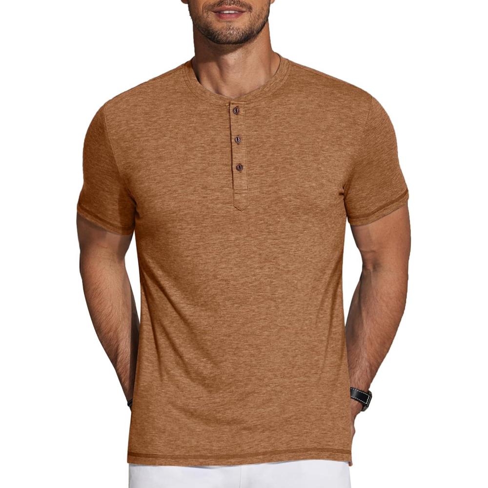imageCOOFANDY Mens Henley Shirts Short Sleeve Casual Basic Tee Summer Button Henley Soild T ShirtsCaramel